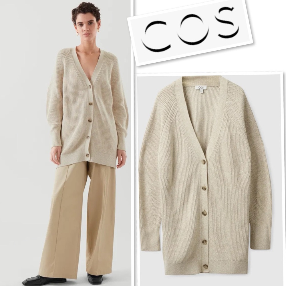 COS Longline V-Neck Cardigan Ribbed  Knit Cotton  In Cream Size S - Picture 4 of 13